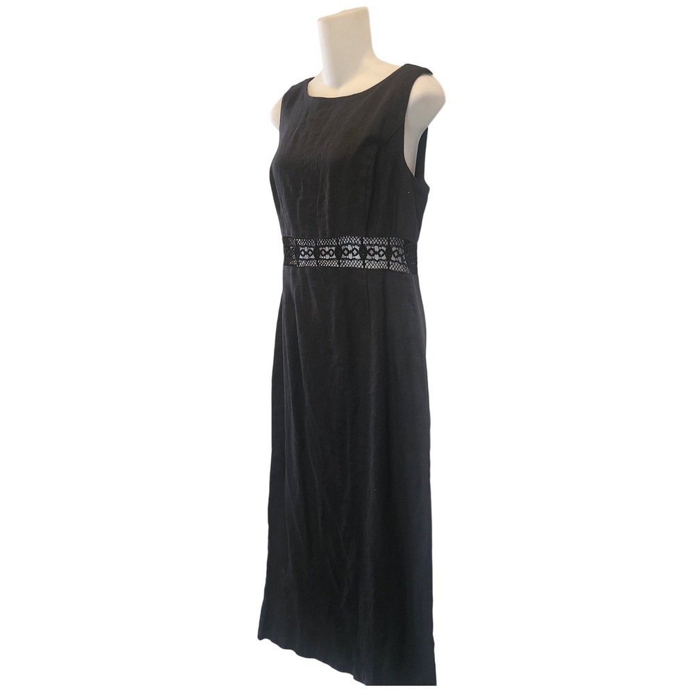 Carol Anderson Vintage 90s Black Linen Crochet Waist Maxi Dress Women Size 8